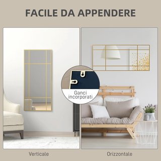 Specchio a Parete Stile Finestra, Specchio per Soggiorno e Camera da Letto con Montaggio Verticale e Orizzontale, 110X50Cm, Oro