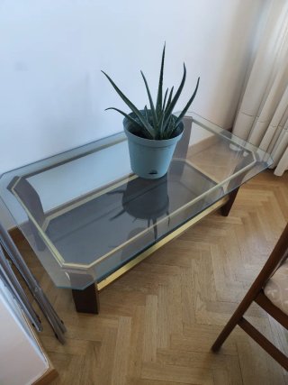 Conjunto mesas cristal salón madera