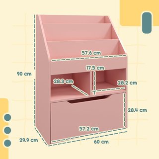 Pequeña Librería para Niños con Estantes, Cajón y Ruedas, Estante para Juguetes y Libros en MDF para Habitación Infantil, 60X29.9X90Cm, Rosa