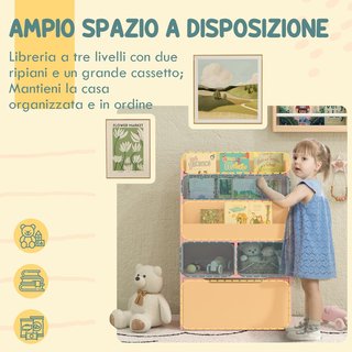 Pequeña Librería para Niños con Estantes, Cajón y Ruedas, Estante para Juguetes y Libros en MDF para Habitación Infantil, 60X29.9X90Cm, Rosa