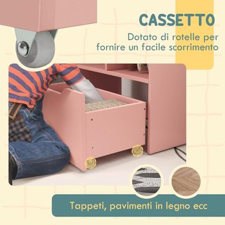 Pequeña Librería para Niños con Estantes, Cajón y Ruedas, Estante para Juguetes y Libros en MDF para Habitación Infantil, 60X29.9X90Cm, Rosa