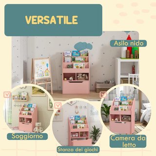 Pequeña Librería para Niños con Estantes, Cajón y Ruedas, Estante para Juguetes y Libros en MDF para Habitación Infantil, 60X29.9X90Cm, Rosa