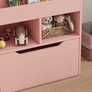 Pequeña Librería para Niños con Estantes, Cajón y Ruedas, Estante para Juguetes y Libros en MDF para Habitación Infantil, 60X29.9X90Cm, Rosa