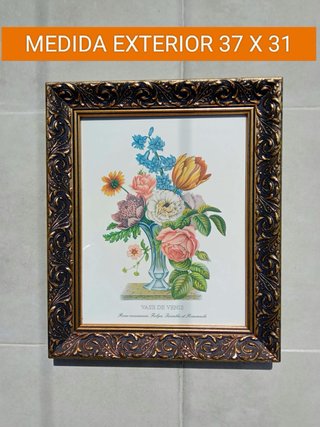 2 Cuadros Decorativos Florales Marco Dorado