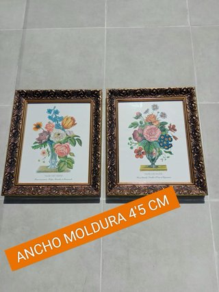 2 Cuadros Decorativos Florales Marco Dorado