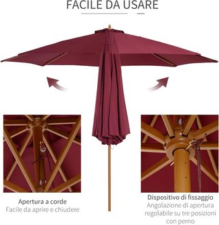 Sombrilla de Jardín 3x2.5 con Poste de Madera y 8 Varillas y Cubierta de Poliéster Rojo Oscuro
