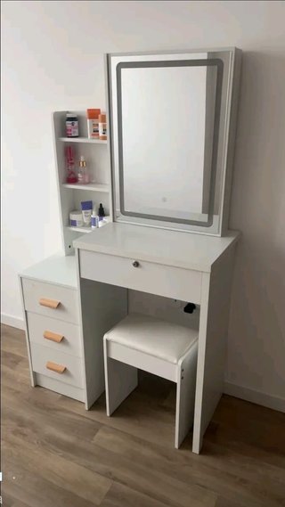 Tocador Blanco con Espejo LED y Taburete