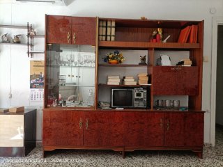 Mueble modular salón vintage madera y cristal