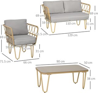Conjunto de Jardín de Rattan de 4 Piezas con Sofá de 2 Plazas, 2 Sillones y Mesa con Tapa de Cristal Estilo Boho, Cojines Desfundables, Amarillo