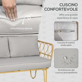Conjunto de Jardín de Rattan de 4 Piezas con Sofá de 2 Plazas, 2 Sillones y Mesa con Tapa de Cristal Estilo Boho, Cojines Desfundables, Amarillo
