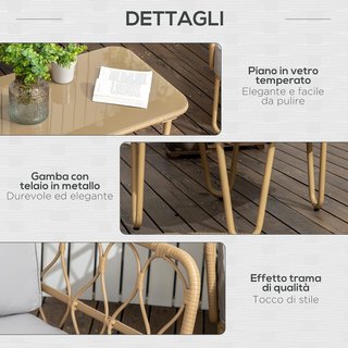 Conjunto de Jardín de Rattan de 4 Piezas con Sofá de 2 Plazas, 2 Sillones y Mesa con Tapa de Cristal Estilo Boho, Cojines Desfundables, Amarillo