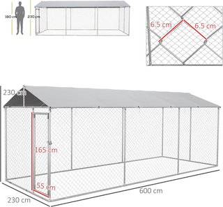Kennel Recinto para Perros de Exterior, Recinto para Animales con Cubierta Impermeable, Jaula para Perros de Acero, 600X230X230Cm, Plata y Gris