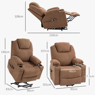 Sillón Elevador Eléctrico Reclinable Con 8 Puntos Masajeadores Y Calefacción, Sillón Moderno En Tejido Efecto Lino Con Control Remoto, 90X101X107 Cm, Café