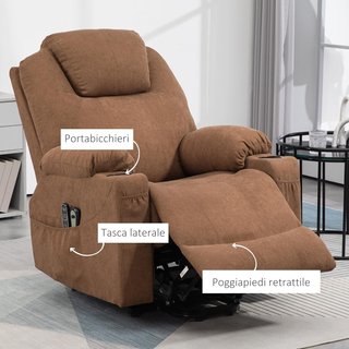 Sillón Elevador Eléctrico Reclinable Con 8 Puntos Masajeadores Y Calefacción, Sillón Moderno En Tejido Efecto Lino Con Control Remoto, 90X101X107 Cm, Café