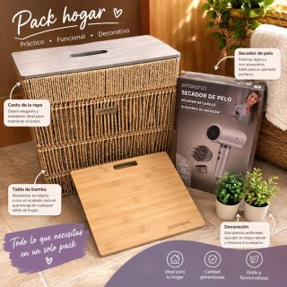 Pack Hogar: Cesto ropa, Secador y Báscula bambú.