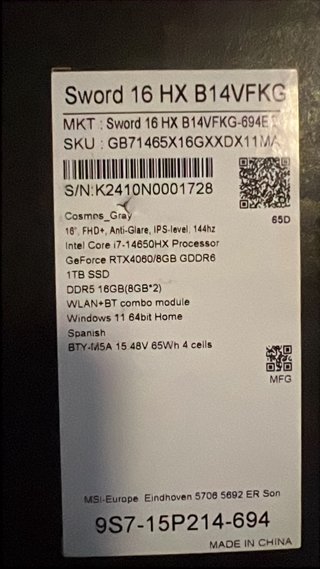 MSI Sword 16 HX B14VFKG Gris NUEVO