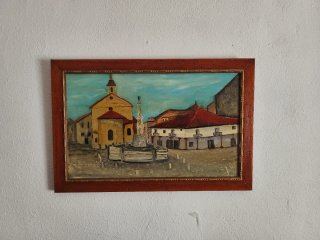 Cuadro antiguo plaza con fuente