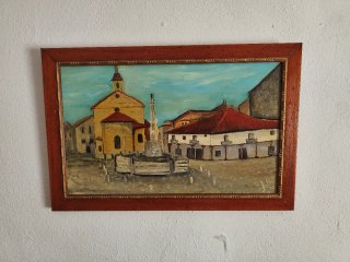 Cuadro antiguo plaza con fuente