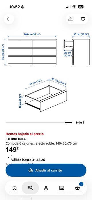 Cómoda de madera con 6 cajones