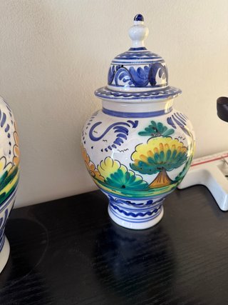 Pareja Jarrones Tibor Cerámica Azul y Blanco