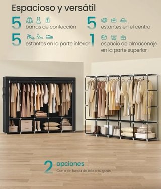 SONGMICS Armario, 5 Barras de Ropa, Estantes, 4 Bolsillos Laterales, Almacenamiento, de Tela, Perchero