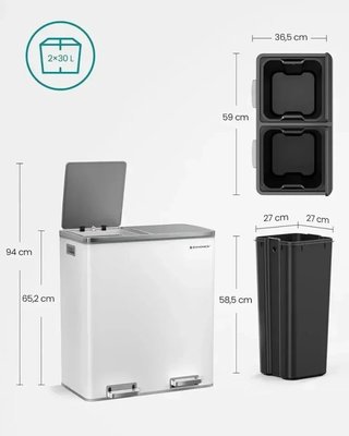Cubo Basura Doble 2x30L Pedal Cierre Suave SONGMICS LTB60WT
