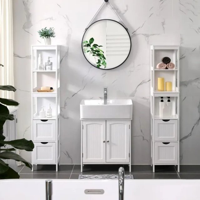 Mueble Baño Alto Armario 2 Cajones VASAGLE BBC66WT