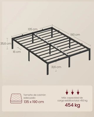 Marco Cama Doble Metal 135x190 Negro Tinta VASAGLE RMB136B01 (Estructura Cama)