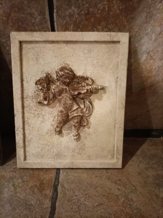 Cuadro antiguo ángel músico relieve