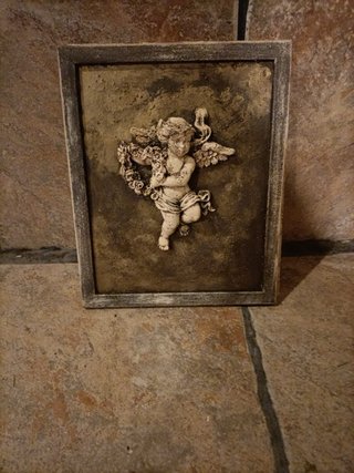 Cuadro antiguo ángel músico relieve