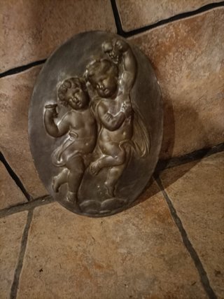 Cuadro antiguo ángel músico relieve