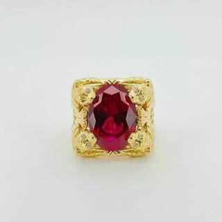 SELLO 4 PANTERAS CON PIEDRA OVALADA ROJA. Oro18K.