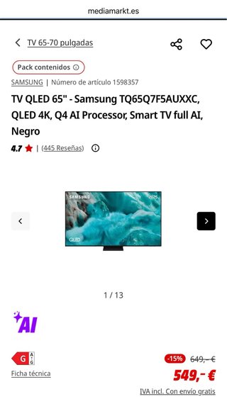 TV Samsung QLED 65 TQ65Q7F5AUXXC Negro