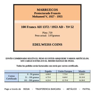 MARRUECOS - 100 Francs 1953 Y#52 - moneda de plata
