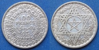 MARRUECOS - 100 Francs 1953 Y#52 - moneda de plata