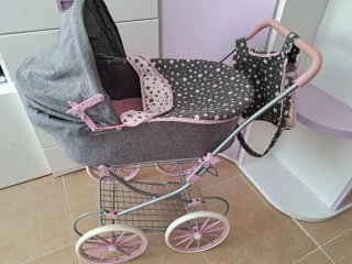Carro de juguete para bebé gris y rosa