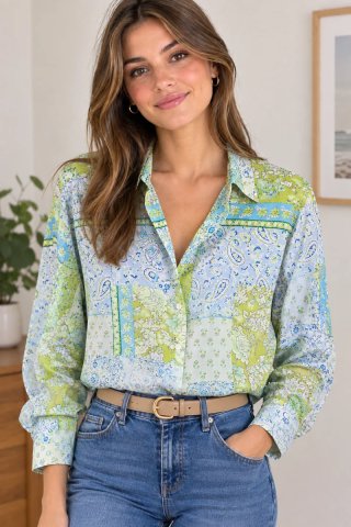 Zara Blusa Estampada Pasley verde lima azul. T -L