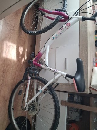 Bicicleta de paseo blanca y rosa