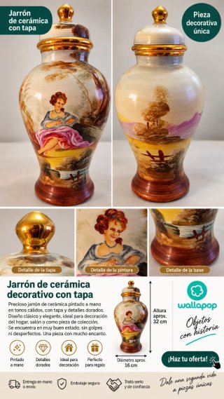 Jarrón antiguo cerámica pintado a mano con tapa.