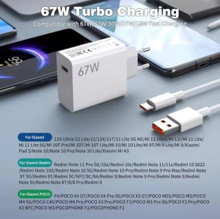 Cargador USB 67W Xiaomi Rápido + Cable UE