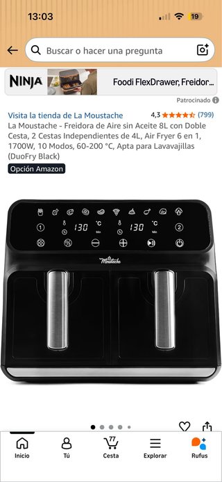 Freidora Aire Doble Compartimento La Moustache