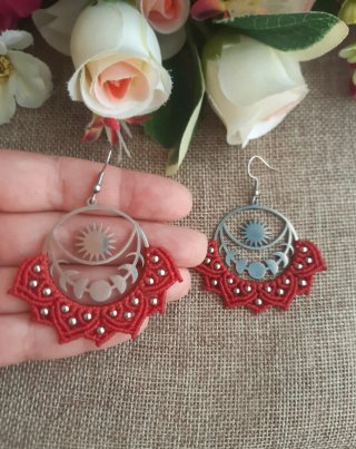 Pendientes Macramé Boho color rojo y plateado