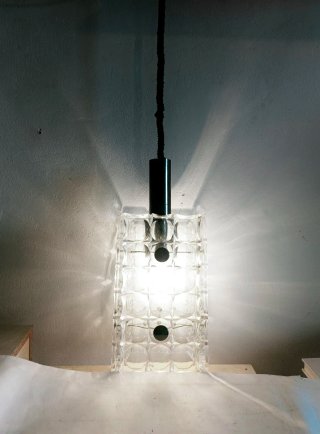 Lampada a sospensione in vetro ghiaccio anni '70