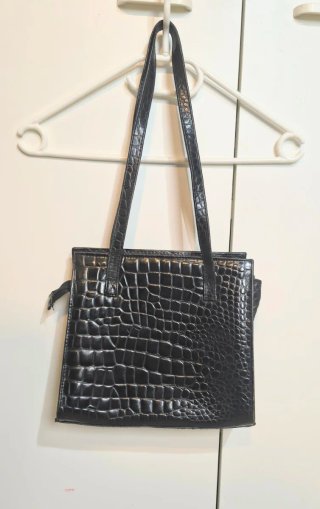 Borsa vintage vera pelle nera effetto coccodrillo