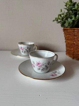 2 Tazas Café con Plato Santa Clara Rosas rosa
