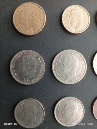 Lote de monedas: 500, 100, 50, 25, 5 y 1 peseta