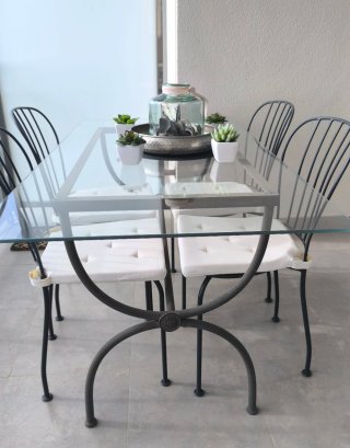 Mesa y 4 Sillas Exterior Cristal y Metal