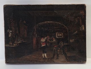 Antico Dipinto Olio su Tela Scena d'Interno XVIII