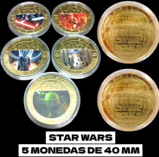 5 MONEDAS CONMEMORATIVAS STAR WARS BAÑADAS EN ORO