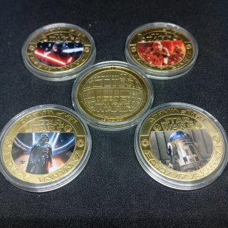 5 MONEDAS CONMEMORATIVAS STAR WARS BAÑADAS EN ORO
